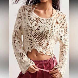 Crochet knit floral lace top cover up top long sleeve Cream Crochet